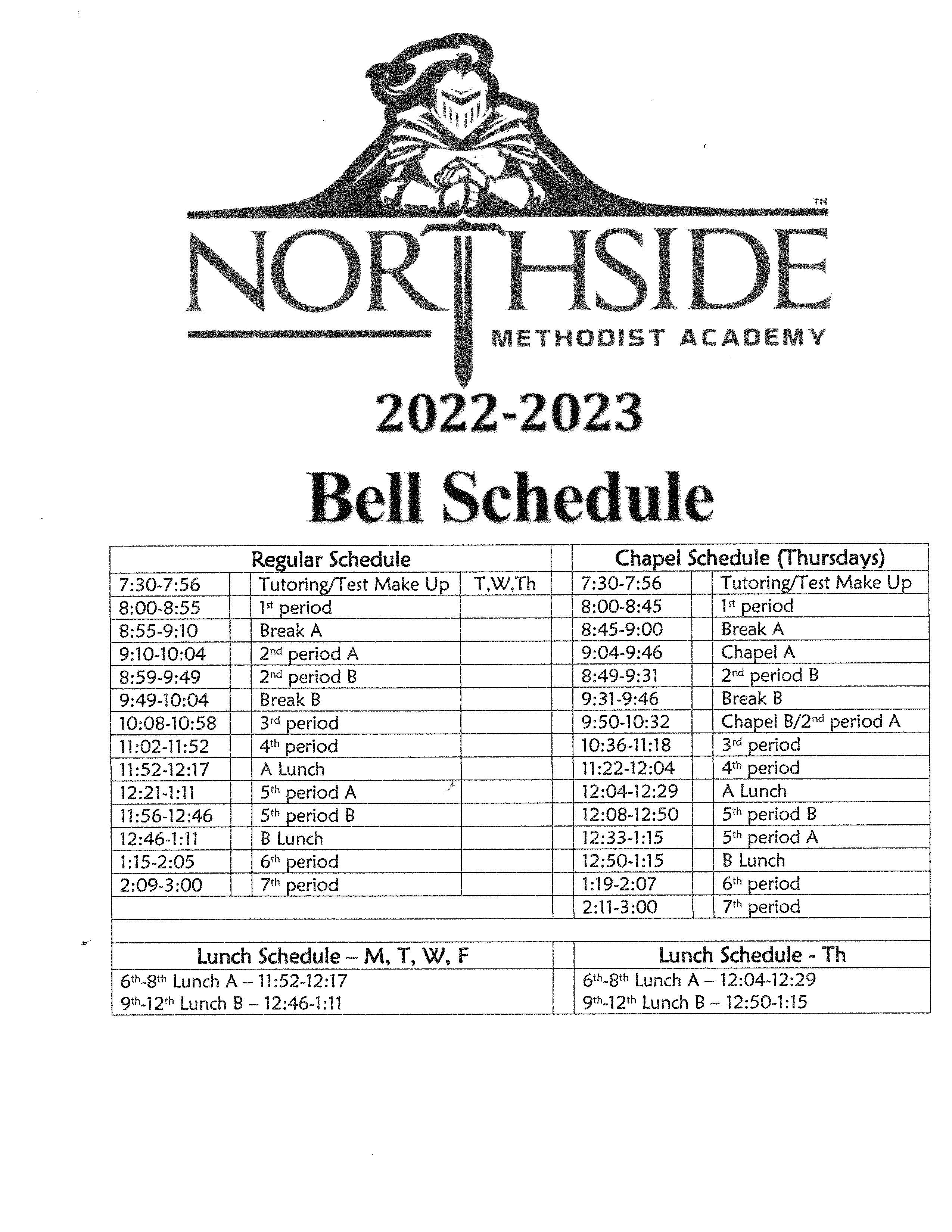 Northside Methodist Academy H S Daily & Exam Schedule